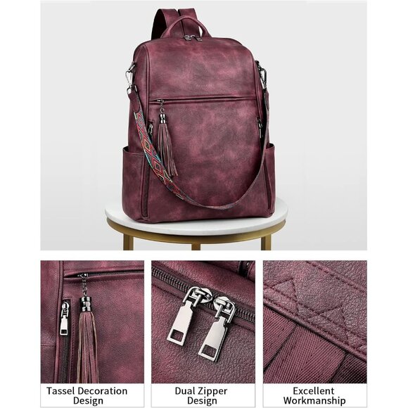 Women's Wine Red Retro Style Backpack Designer 15.6 inch PU Leather Laptop Bag - Picture 5 of 9